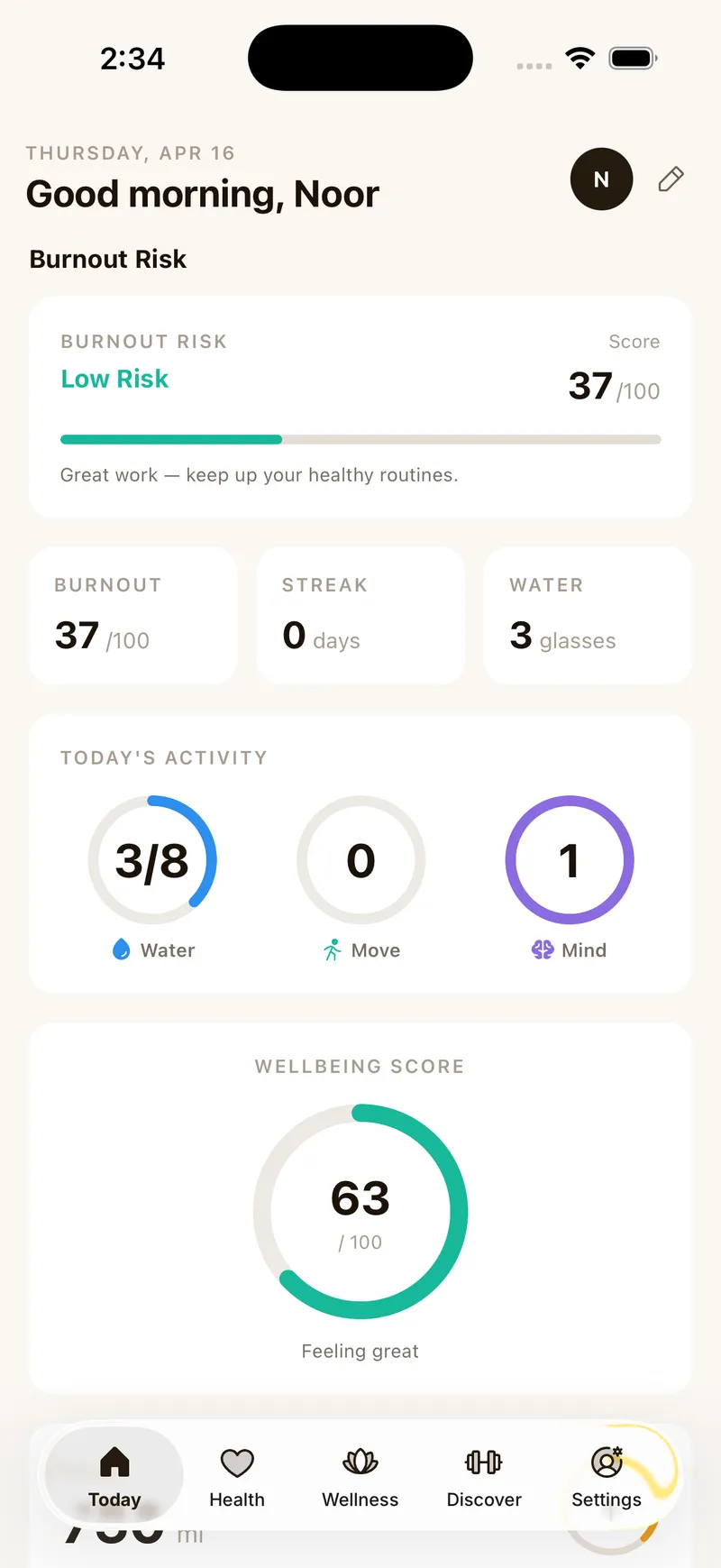 DevZen Today dashboard showing burnout score, mood and hydration