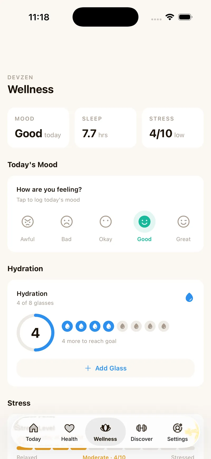 DevZen Wellness tab showing breathing exercises and meditation routines